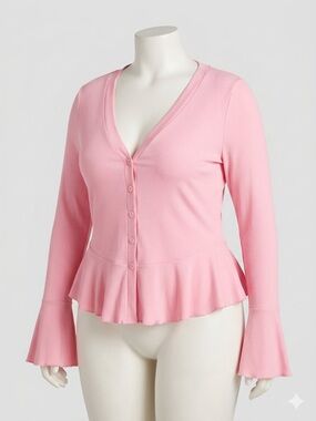 Fashion Nova Pink Peplum Button-Down Top with Bell Sleeves